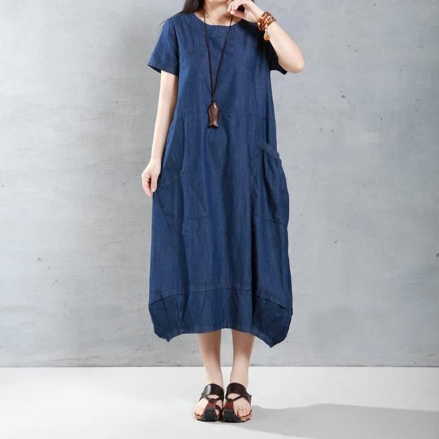 short sleeve denim midi dress